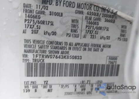 2003 Ford F-150 Lariat/Xlt из США, поврежденный, VIN 1FTRW07643KB50833